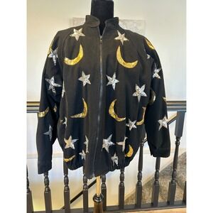 Modi Denim Vintage Sequin Celestial Sun Moon Star Bomber Jacket Black L 10-12